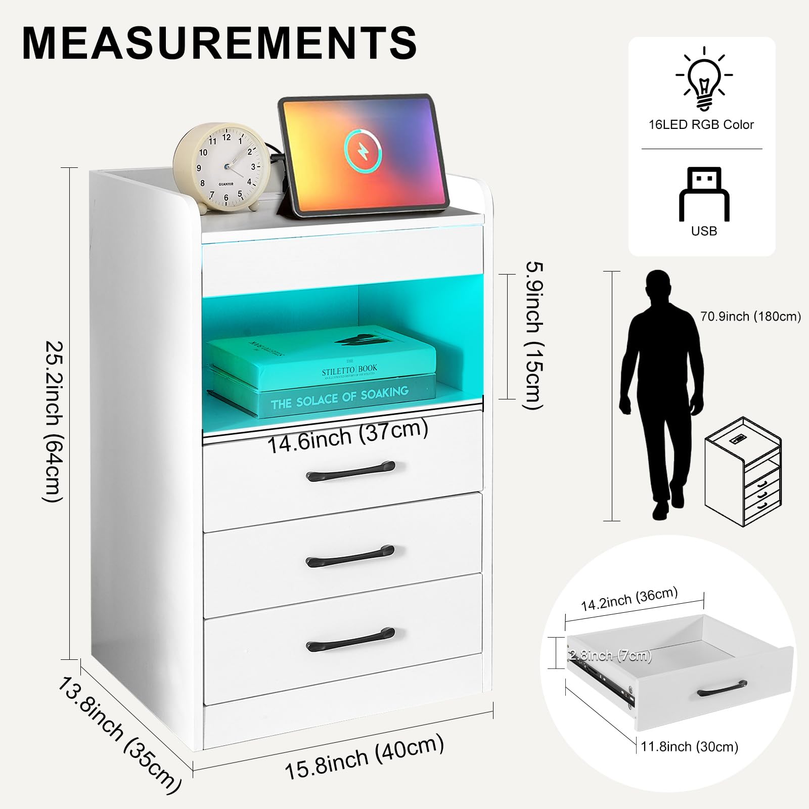 LED Nightstand with Charging Station,Bedside Table with 4 Drawers Smart Night Stand Bedroom End Tables Bed Side Table, Modern Wood White Nightstand