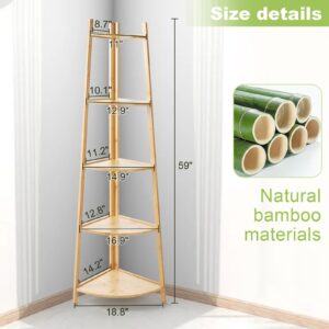 OUTREE Bamboo Corner Shelf, Upgraded Corner Shelf, Tall Corner Shelf Stand, 5 Tier Bookshelf with Versatile Shelving Unit for Living Room, Bedroom, Office, Bathroom, Easy to Store