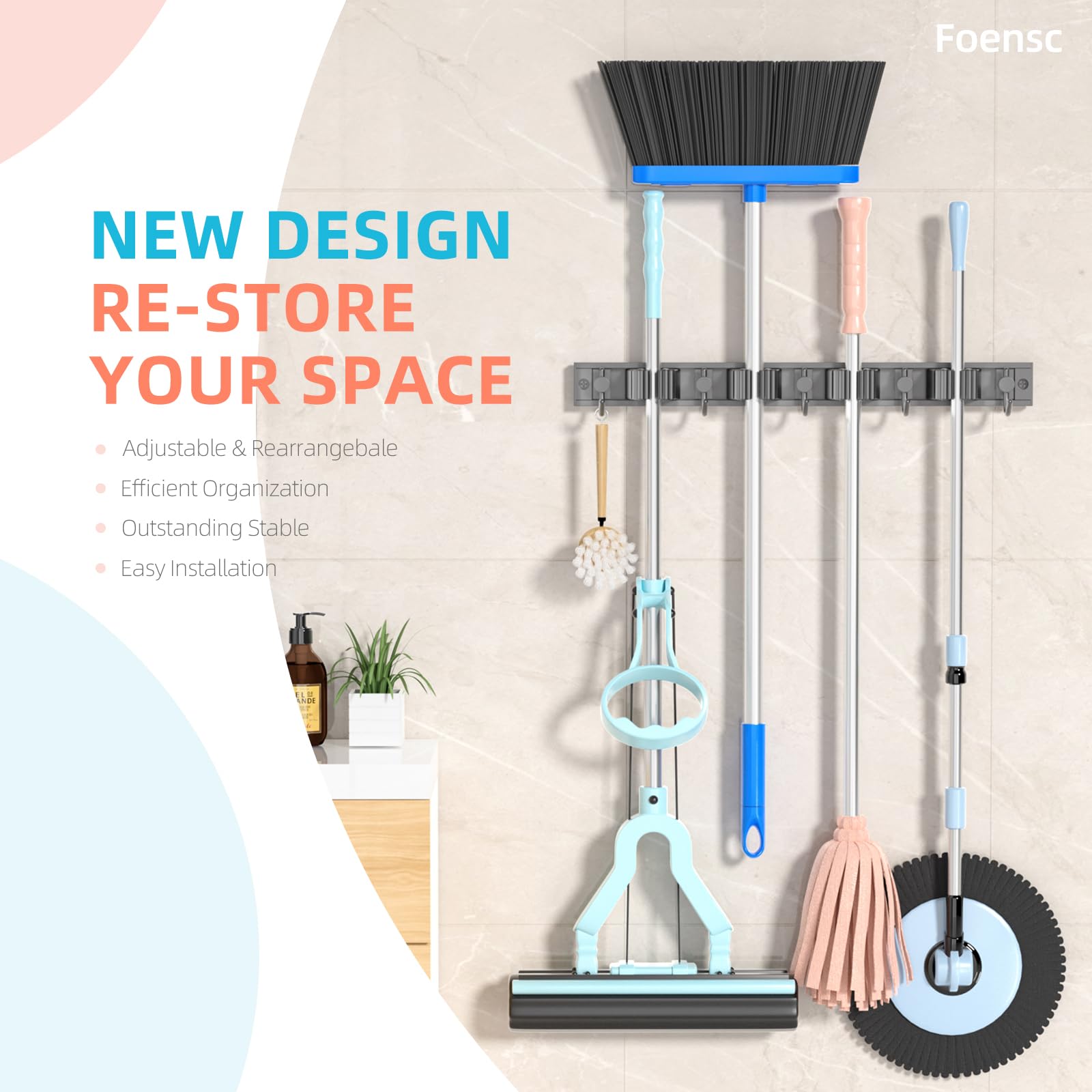 Foensc Broom Holder Wall Mount, Improved Adjustable Broom Holder, Super Anti-Slip Mop and Broom Holder Wall Mount, Heavy Duty Tool Organizer for Laundry Room Garage Storage, 4 Racks 5 Hooks