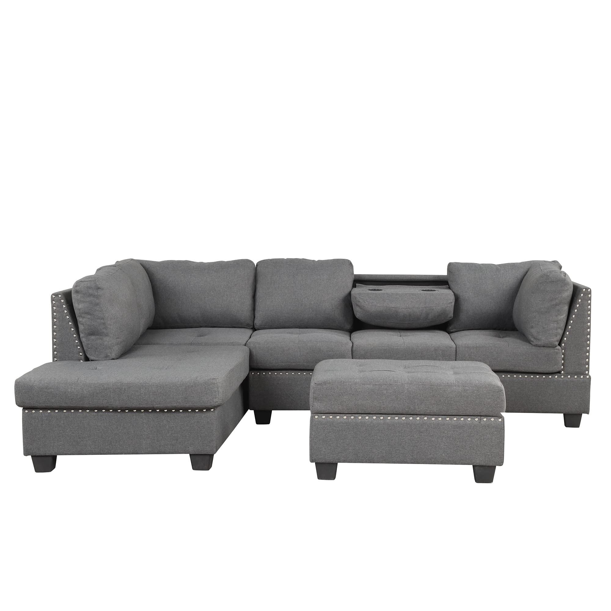 Prohon Oversized Reversible Sectional Sofa with Storage Ottoman, Cup Holder, 3 Pieces Rivet Living Room Furniture Set w/Ornament Ornament Convertible Chaise Modern Modular Sectional Couch, Gray