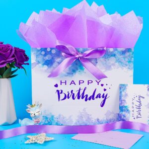 Jaywayang 12.6" Large Purple Happy Birthday Gift Bag with Ribbons, Card and Tissue Papers for Girl Women Birthday Party.