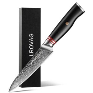 lrovag utility kitchen knife，5 inch damascus paring knife, super sharp high carbon stainless steel fruit knife，multipurpose chopping knife, japan vg10 steel core,premium gift box