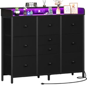 yoobure dresser for bedroom with charging station and led lights, tall dresser tv stand with 10 storage drawers,fabric black dressers & chests of drawers,wood dresser for bedroom closet organizer