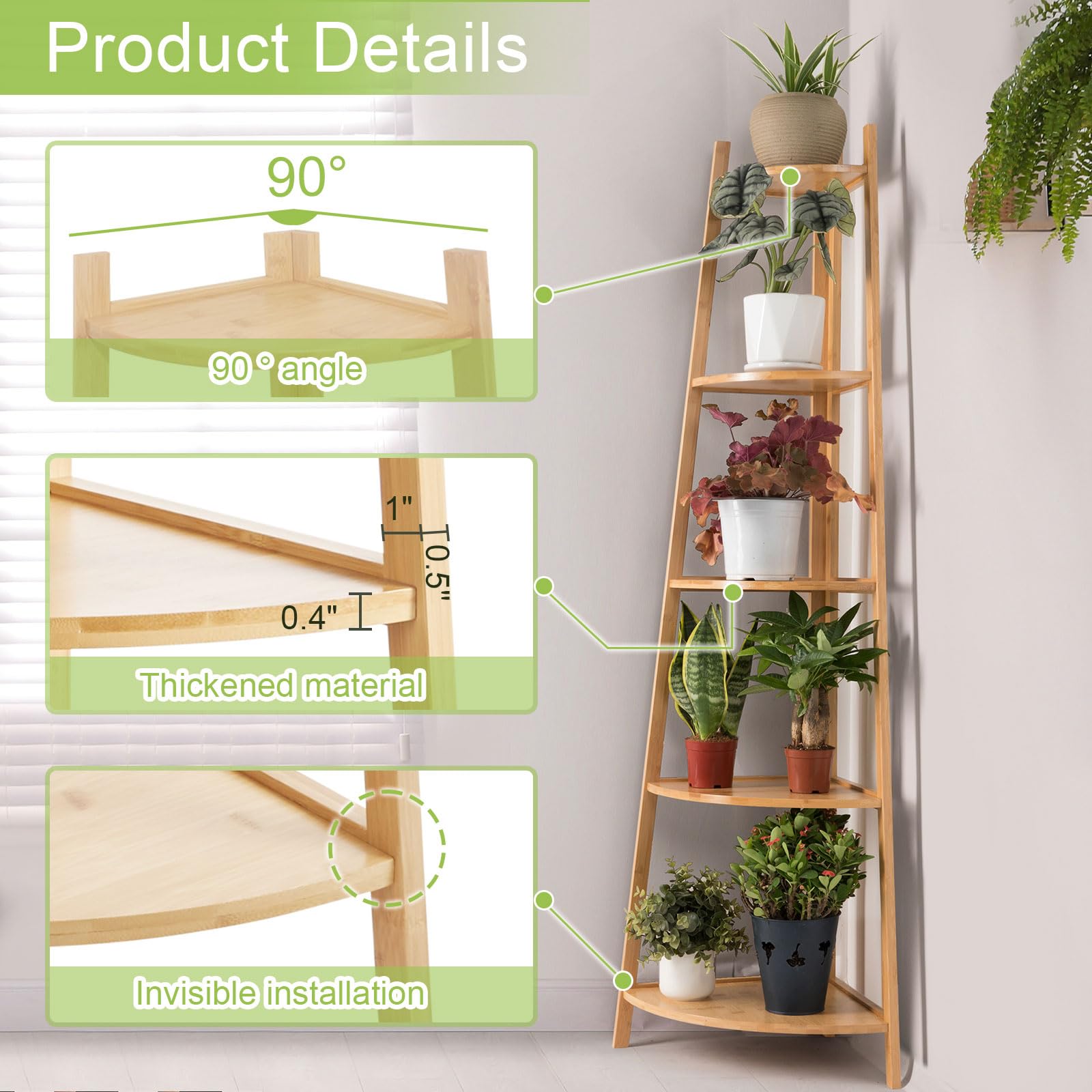 OUTREE Bamboo Corner Shelf, Upgraded Corner Shelf, Tall Corner Shelf Stand, 5 Tier Bookshelf with Versatile Shelving Unit for Living Room, Bedroom, Office, Bathroom, Easy to Store