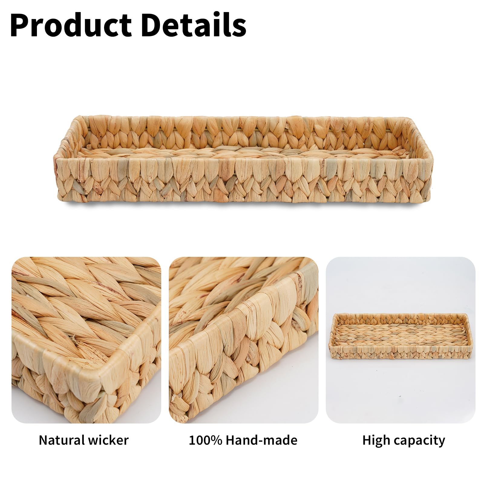 NLGQ Woven Bathroom Trays Toilet Tray - 17 in Bathroom Counter Tray Countertop Tray for Storage Toilet Paper Hand Towel Cosmetics, Rectangle Water Hyacinth Vanity Organizer Tray Decorative Tray