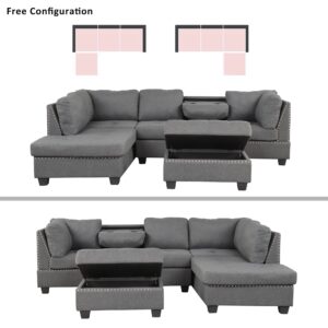 Prohon Oversized Reversible Sectional Sofa with Storage Ottoman, Cup Holder, 3 Pieces Rivet Living Room Furniture Set w/Ornament Ornament Convertible Chaise Modern Modular Sectional Couch, Gray