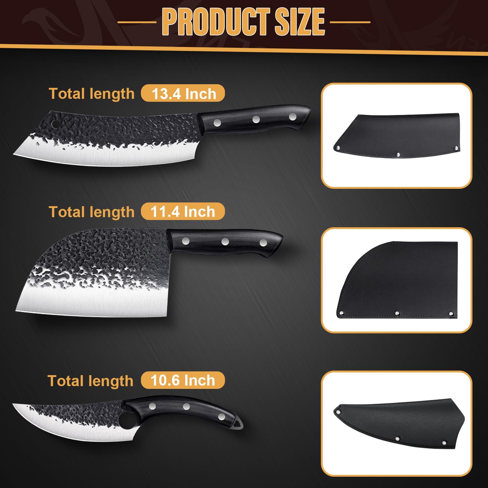 Golden Bird Butcher Knife Set - 4pcs Hand Forged Meat Cleaver Knife & Serbian Chef Knife & Sharp Viking Knife for Meat Cutting, Camping, BBQ, Men's Birthday Gift