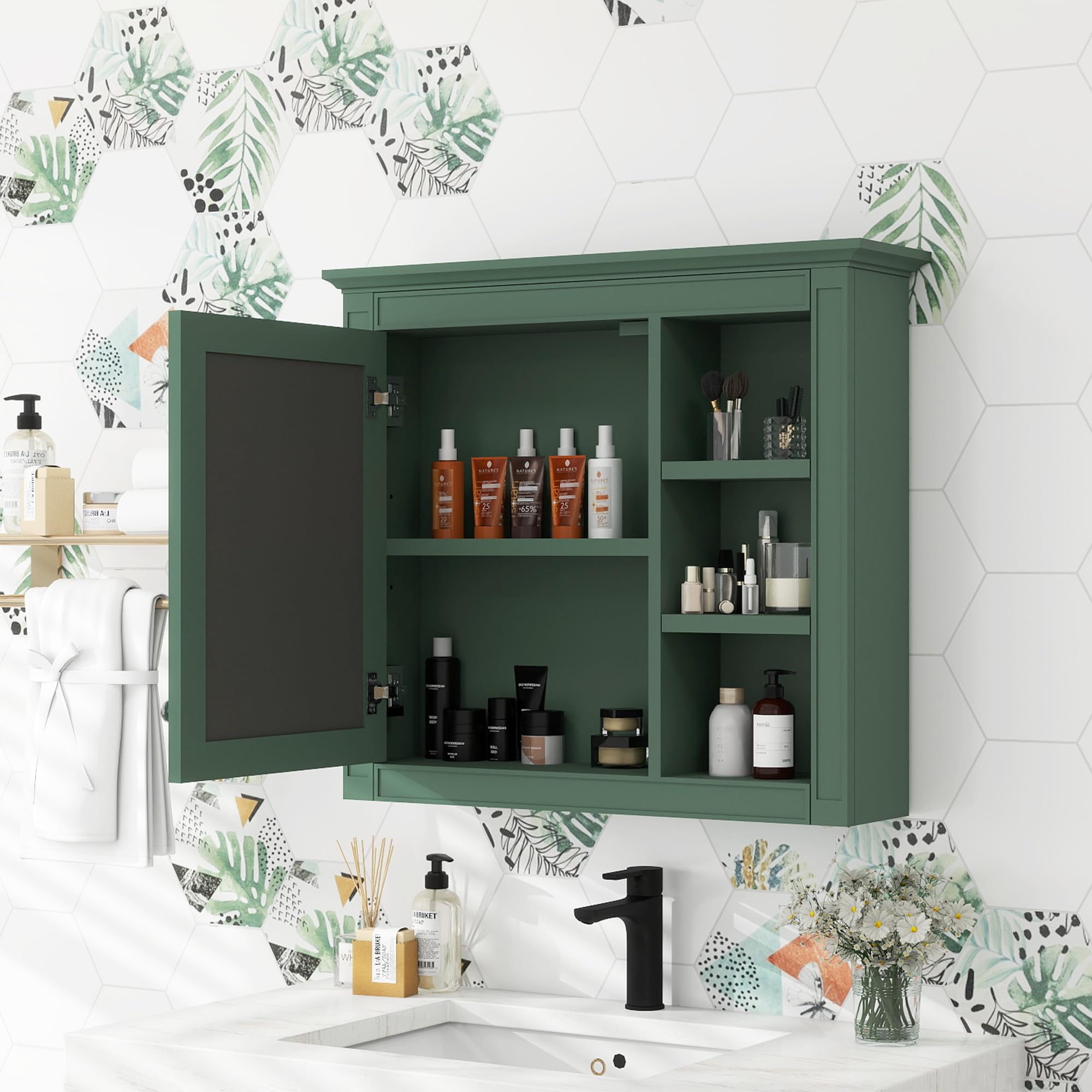 Royard Oaktree Bathroom Wall Mirror Cabinet, Modern Medicine Cabinet with Single Door and Adjustable Shelf, Over The Toilet Space Saver Storage Cabinet with 3 Open Shelves, Green