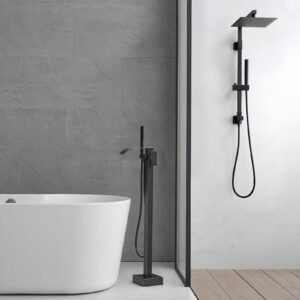 RUMOSE Tub Filler Freestanding Bathtub Faucet Oil Rubbed Bronze Floor Mount Tub Faucet Waterfall Bathtub Filler with CUPC Certified High Flow Brass Bath Shower Faucets with Handheld Sprayer