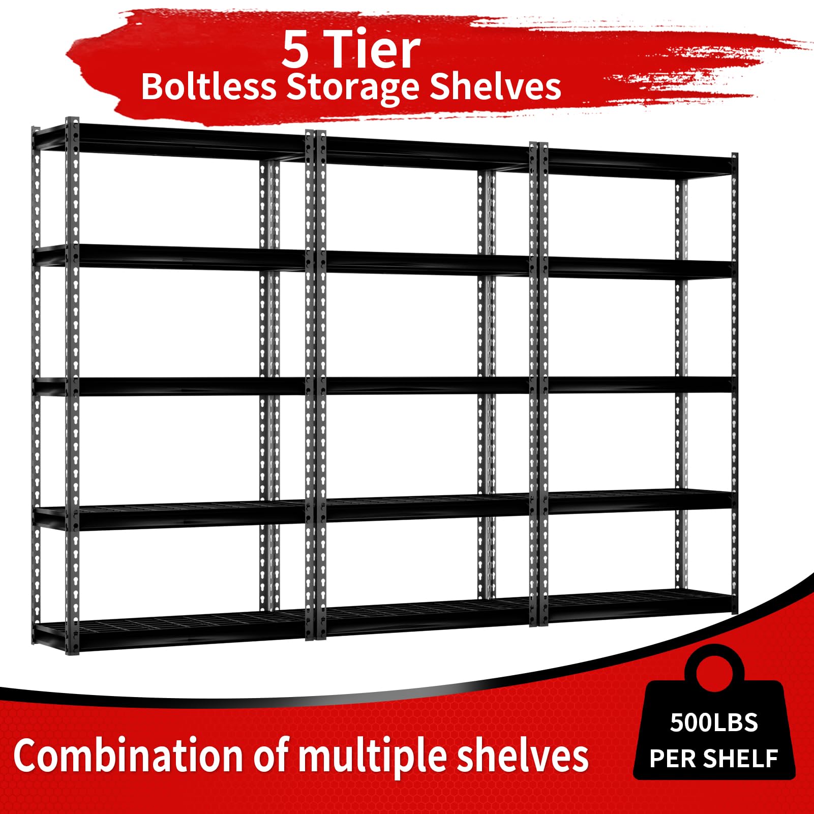 Shuntong The Atlas 30" W x 12" D x 60" H Adjustable Garage Storage Shelves Load 2500 lbs, 5 Tier Heavy Duty Shelving Unit, Metal Utility Storage Rack for Warehouse Pantry Basement Kitchen, Black