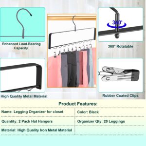 GallFould Legging Organizer for Closet Storage: Set of 2 Legging Hanger with 20 Clips Holds up to 20 Yoga Pants - Collapsible Heavy-Duty Hat Racks - 360° Rotation Space Saving Legging Hooks