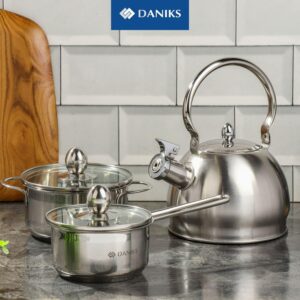 Daniks Mini 0.8 Quart Stainless Steel Saucepan with Glass Lid | Induction Small Sauce Pot | Dishwasher Safe Pot | Pot for Boiling, Milk, Spaghetti, Soup for 1 Person | Silver