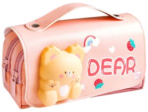 fewofj cute bear pencil case for kids,kawaii girls pencil pouch with compartments,stress release pencil bag for elementary students(pink)