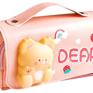 FEWOFJ Cute Bear Pencil Case for Kids,Kawaii Girls Pencil Pouch with Compartments,Stress Release Pencil Bag for Elementary Students(Pink)