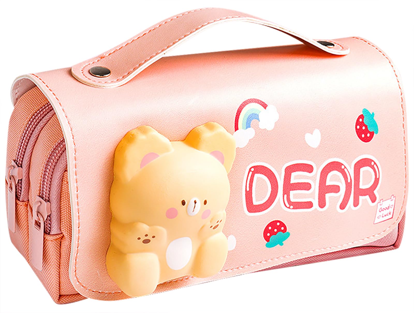 FEWOFJ Cute Bear Pencil Case for Kids,Kawaii Girls Pencil Pouch with Compartments,Stress Release Pencil Bag for Elementary Students(Pink)