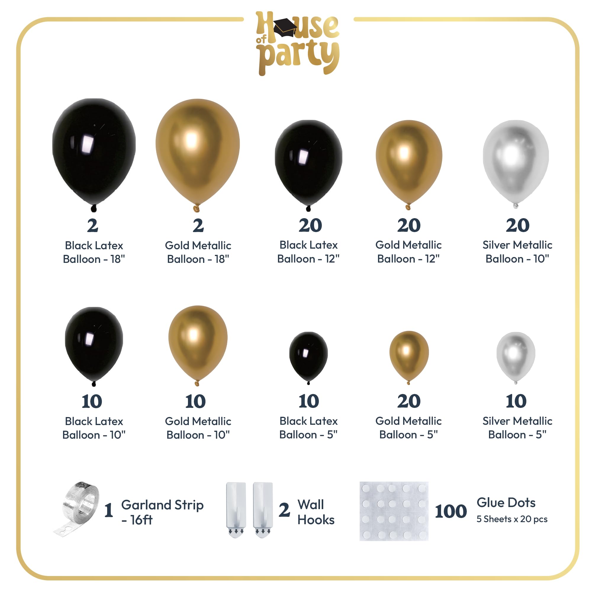 HOUSE OF PARTY Black and Gold balloon Arch Kit - 124 Pcs |5/10/12/18 Inch Graduation Balloons 2024 | Black and Gold Balloon Garland for Halloween, Baby shower, Anniversary & Party Decorations