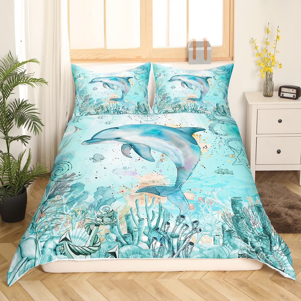 Feelyou Dolphins Duvet Cover Queen, Ocean Comforter Cover Sea Dolphins Bedding Set for Kids Boys Girls Ocean Coastal Bedspread Cover Zipper(No Comforter)