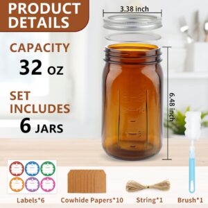 CARBLIN 6 Pack Mason Jars 32 oz, Amber Wide Mouth Canning Jars with Airtight Lids, Glass Pint Jars with Bands Labels Brush, Large Storage Quart Jars for Jam Fermenting Preserving