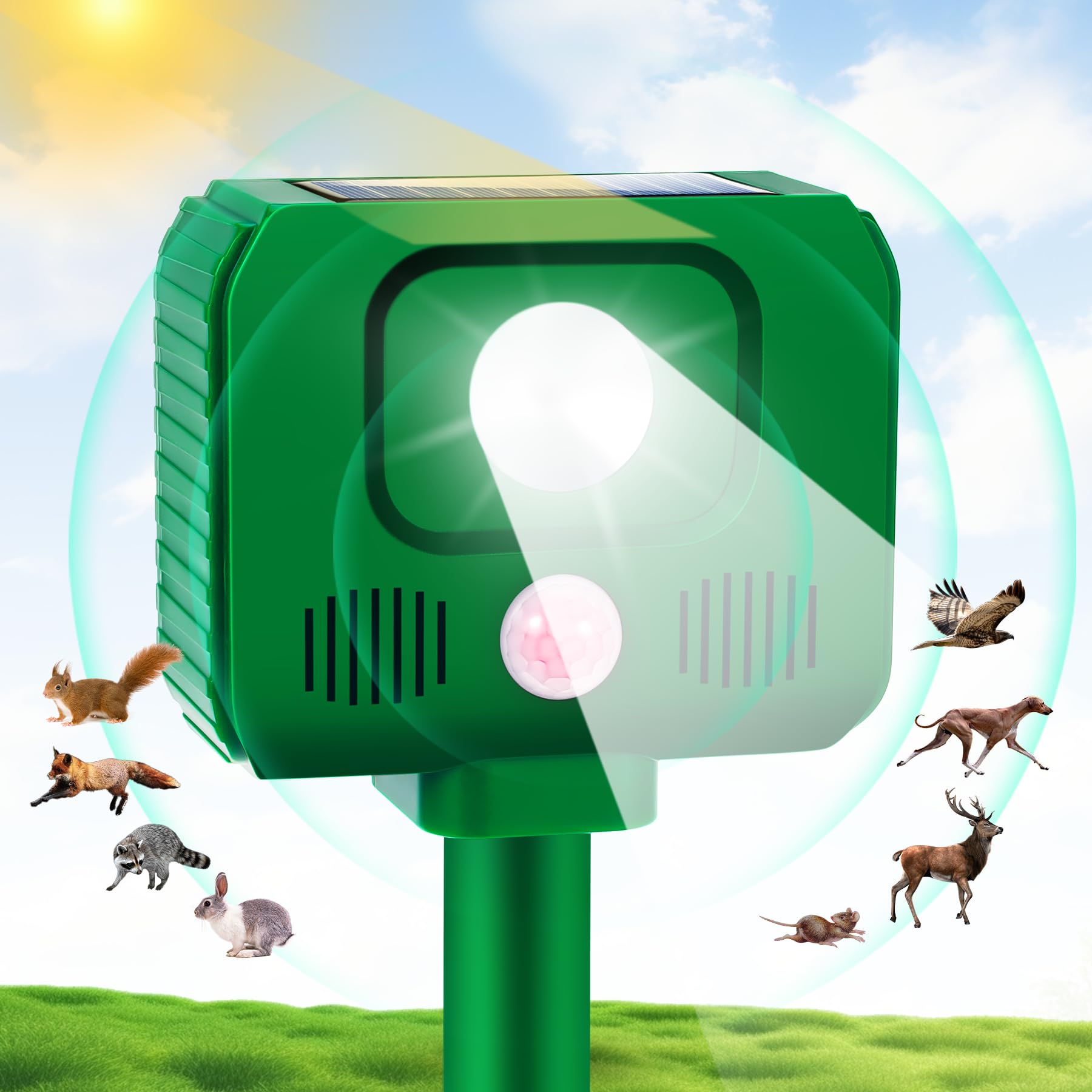 Upgraded Deer Repellent Devices,Ultrasonic Animal Repeller Outdoor Solar Animal Repeller with Motion Sensor Animal Deterrent to Scare Away Dog Cat Rabbit Squirrel Raccoon Skunk Repellent for Yard Farm