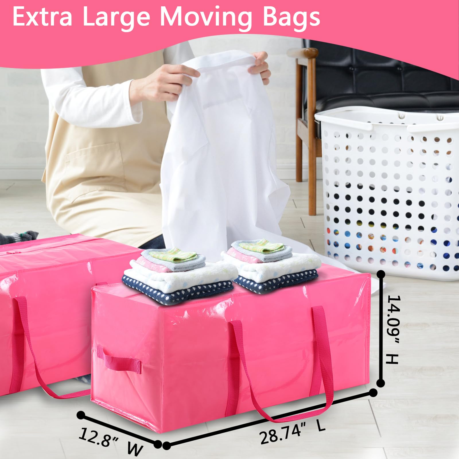 Extra Large Moving Bags with Strong Zippers and Handles Moving Supplies with lids, 8 Pack Heavy Duty Totes for Storage Bags for Space Saving, Fold Flat, Moving and Storing (8, Pink)