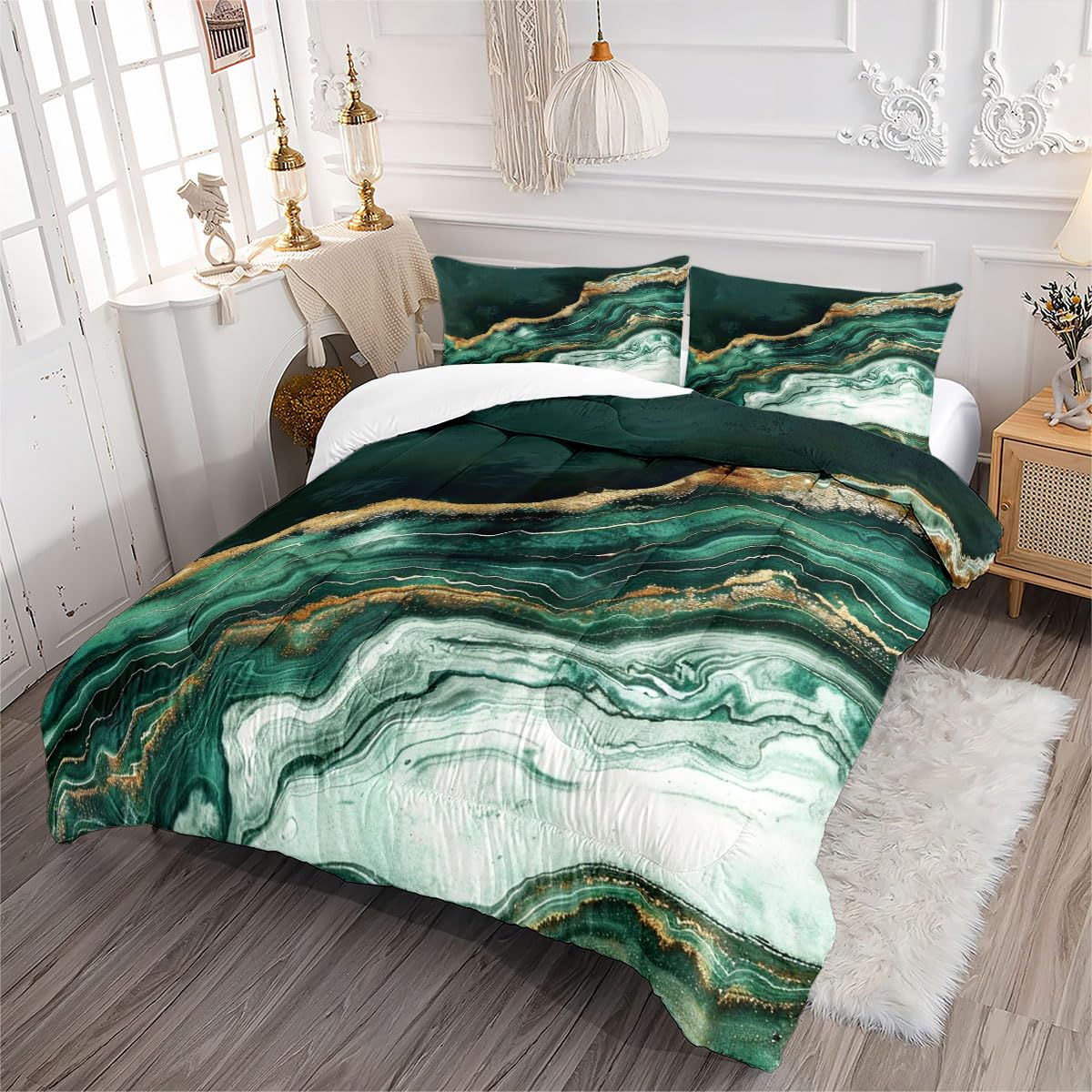 CCoutueChen Olive Green Marble Comforter Set Queen Size Abstract Gold Marble Bedding Sets Contemporary Comforter Modern Marble Bed Set 3Pcs Soft Fluffy Lightweight Comforter (Girls Women Adult)