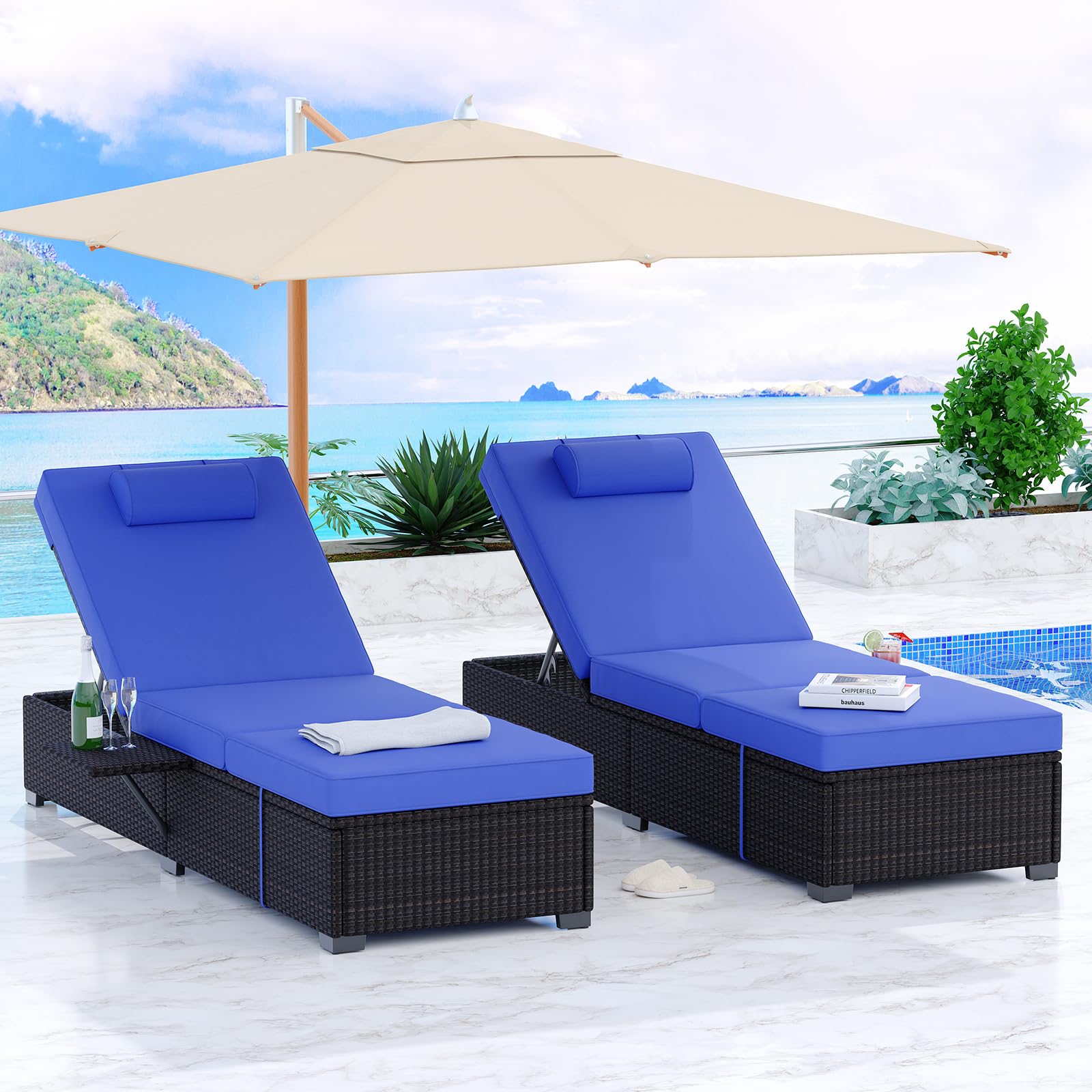 GAOMON Patio Lounge Chairs,Outdoor PE Wicker Chaise Lounge Set of 2,Chaise Lounge Chair Outdoor，Pool Furniture,Brown Rattan Recliners with Adjustable Backrest,Storage Table