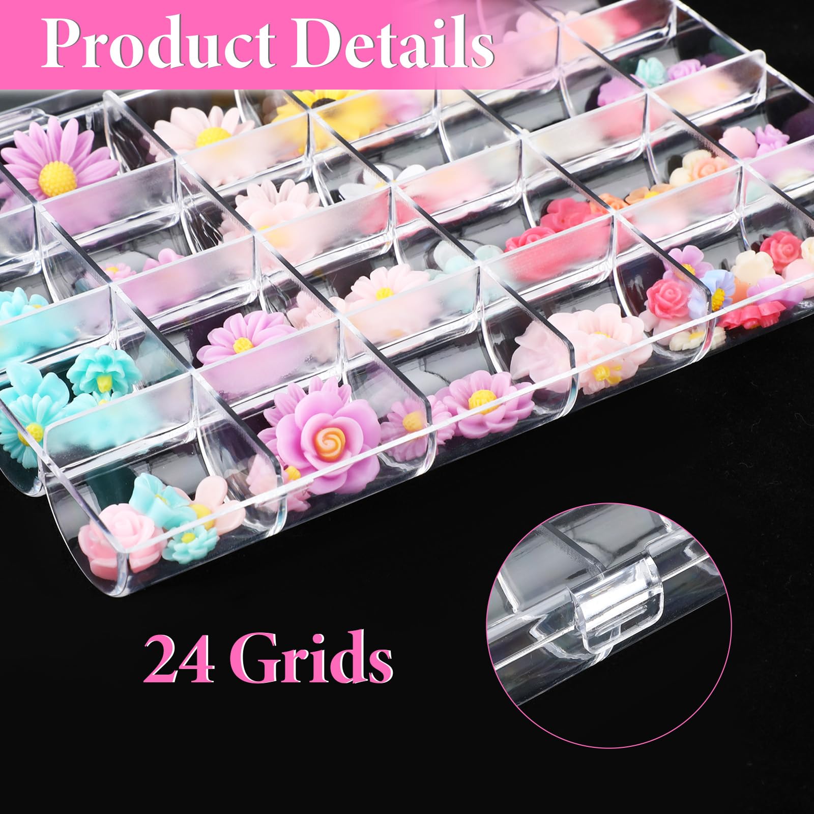 Hariendny 24 Grids Clear Plastic Nail Charm Organizer Box Transparent Nail Charm Organizer Empty Craft Organizers Display Case Compartment Container for Bead Rings Earrings Jewelry DIY Crafts