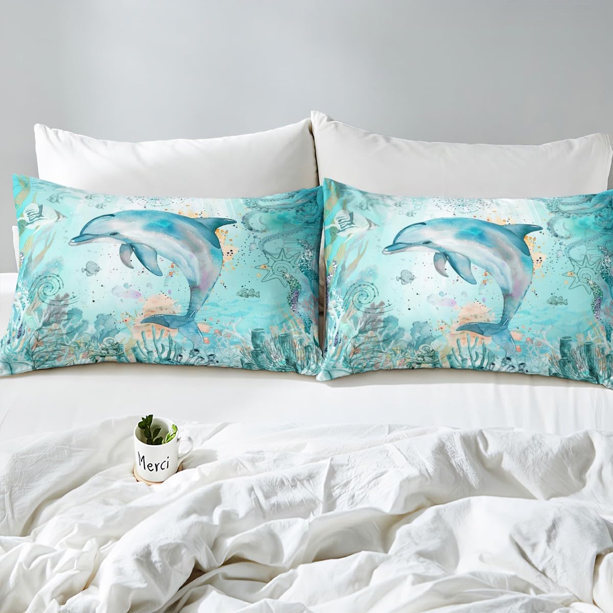 Feelyou Dolphins Duvet Cover Queen, Ocean Comforter Cover Sea Dolphins Bedding Set for Kids Boys Girls Ocean Coastal Bedspread Cover Zipper(No Comforter)