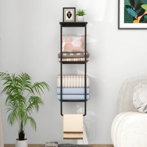 LSK Wall Blanket Holder, 3 Tier Blanket Storage for Living Room, 40 Inch Blanket Wall Rack with Shelves, Towel Blanket Ladder with Blanket Bar for Hanging Small Blankets, Baby Quilts, Matte Black