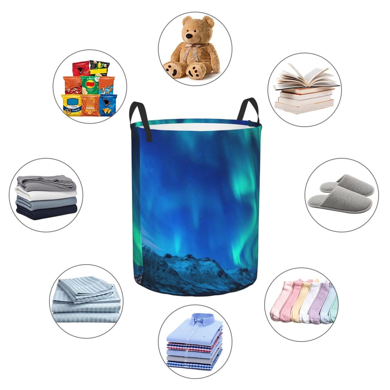 Northern Lights Oxford Cloth Polyester Cloth Circular Laundry Bucket Bedroom Living Room Special Car Trunk Tally Bucket Uv Full Screen Printed Laundry Bucket Dirty Clothes Bucket Circular Hammer