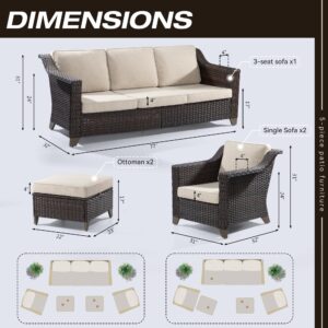 Gardenbee Patio Furniture Set All Weather Outdoor Furniture 5 Pieces with High Back Wicker Rattan Sofa Couch, Two Armchairs and Two Ottomans for Deck Backyard Porch(Brown/Beige)