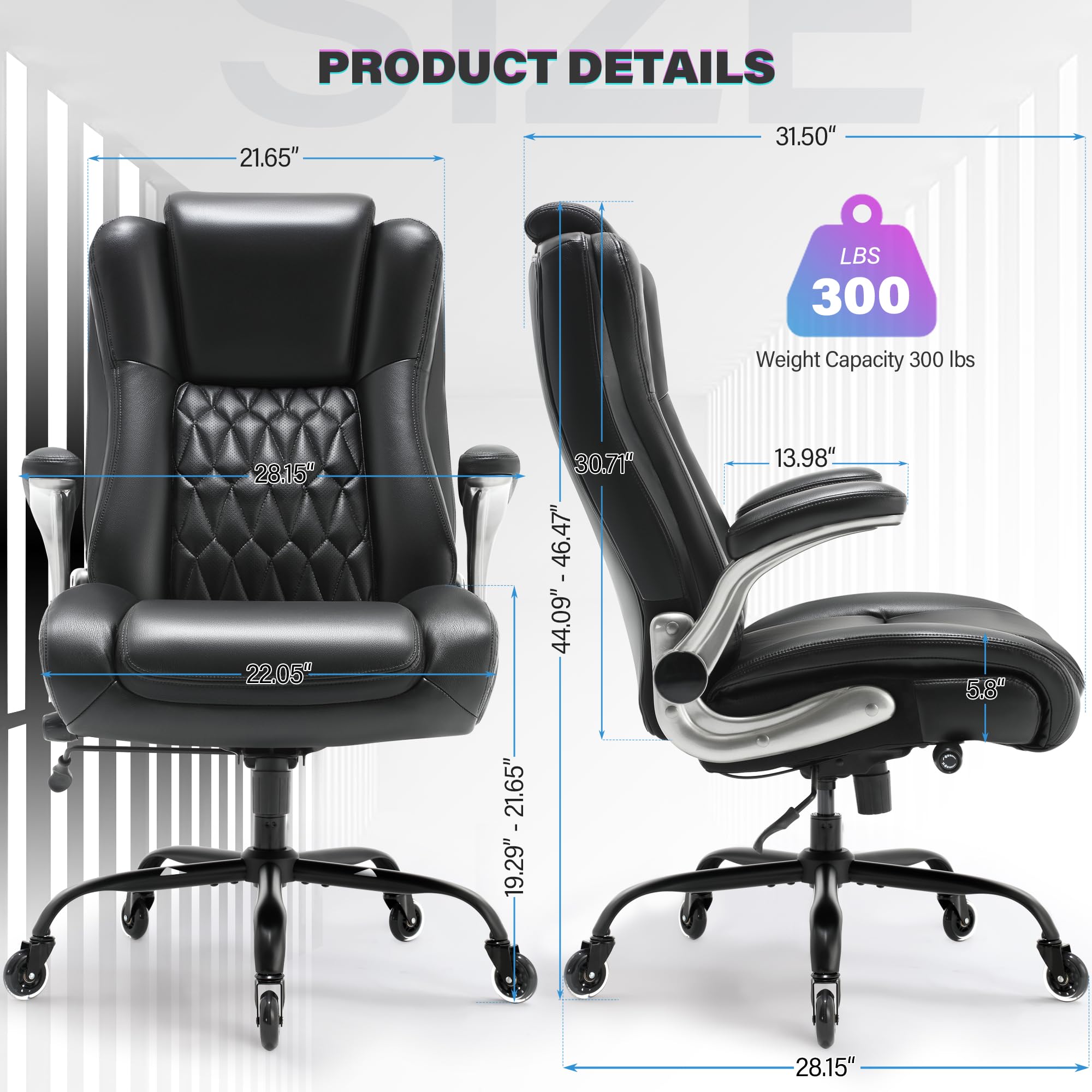 High Back Office Chair- Lifting Headrest Flip Arms Built-in Adjustable Lumbar Support, Executive Computer Desk Chair Ergonomic Design Strong Metal Base Multifunctional Home Office Work Chairs