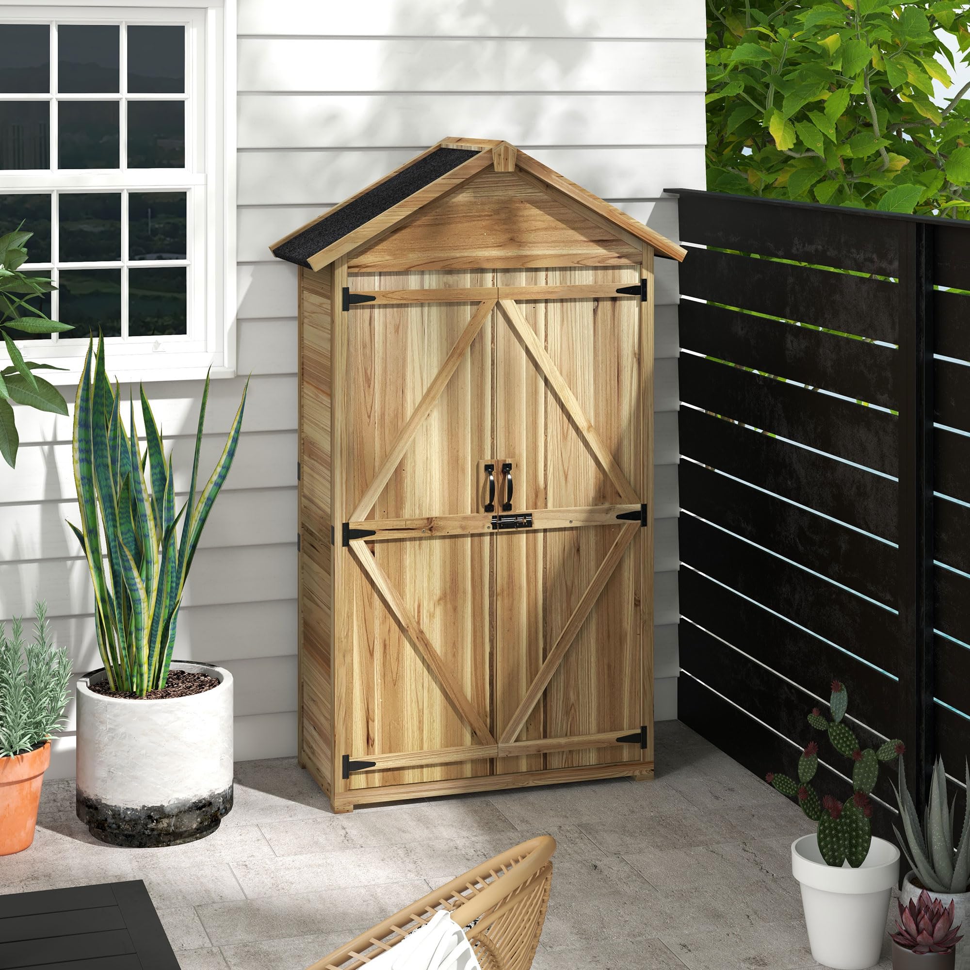 Outsunny Outdoor Storage Cabinet with Waterproof Asphalt Roof, Wooden Garden Shed with Double Lockable Doors and Shelves, Wood Tool Shed for Backyard, Patio, Lawn, Natural