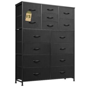 wlive tall black dresser for bedroom furniture, fabric dressers storage tower with 15 deep drawers, dresser for closet, hallway, entryway, office, storage tower with cabinet, metal frame, wooden top