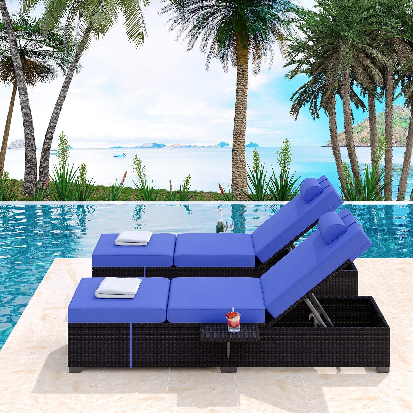 GAOMON Patio Lounge Chairs,Outdoor PE Wicker Chaise Lounge Set of 2,Chaise Lounge Chair Outdoor，Pool Furniture,Brown Rattan Recliners with Adjustable Backrest,Storage Table