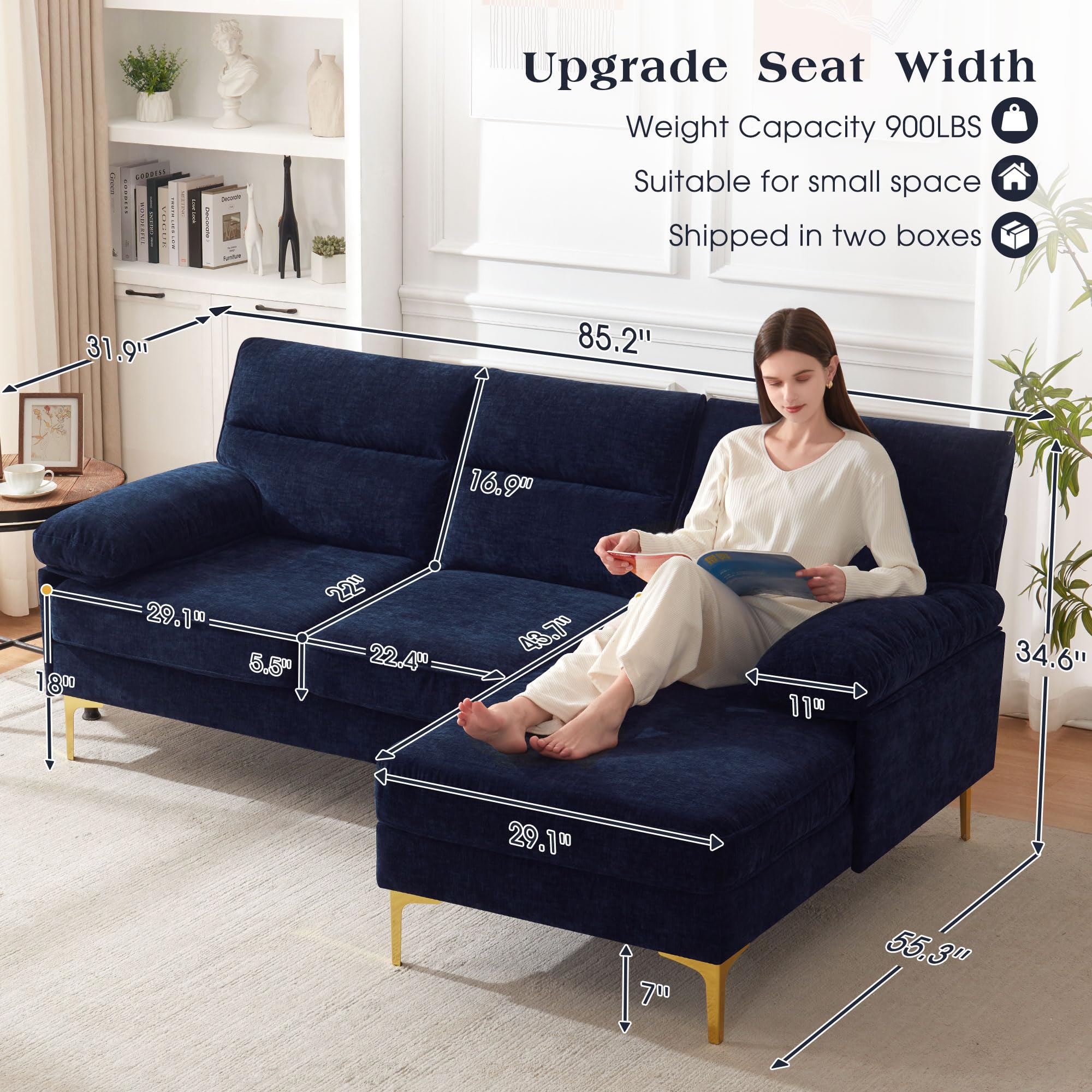 85" Sofa for Living Room, L Shape Sectional Couch Convertible 3 Seater Comfy Sofa, Modern Chenille Fabric Sofa with Reversible Chaise & Fluffy Armrests for Apartment, Small Space (Dark Blue, 85 inch)