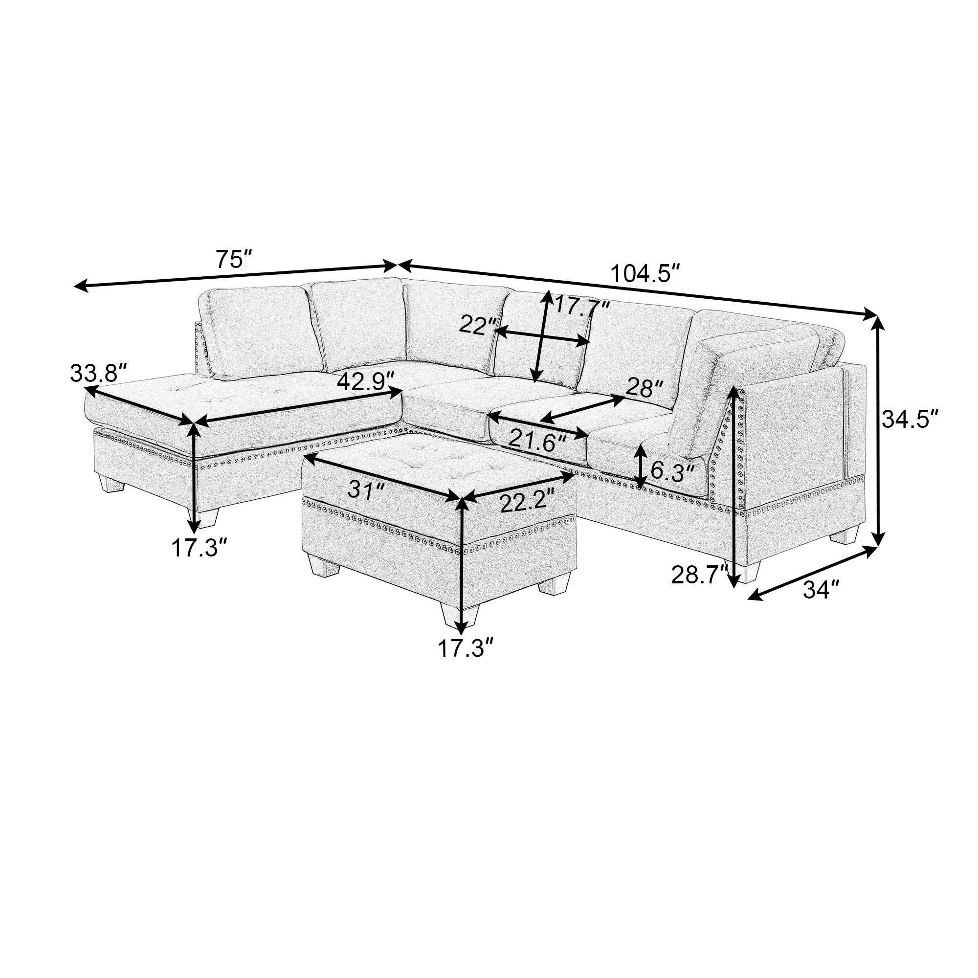 Prohon Oversized Reversible Sectional Sofa with Storage Ottoman, Cup Holder, 3 Pieces Rivet Living Room Furniture Set w/Ornament Ornament Convertible Chaise Modern Modular Sectional Couch, Gray