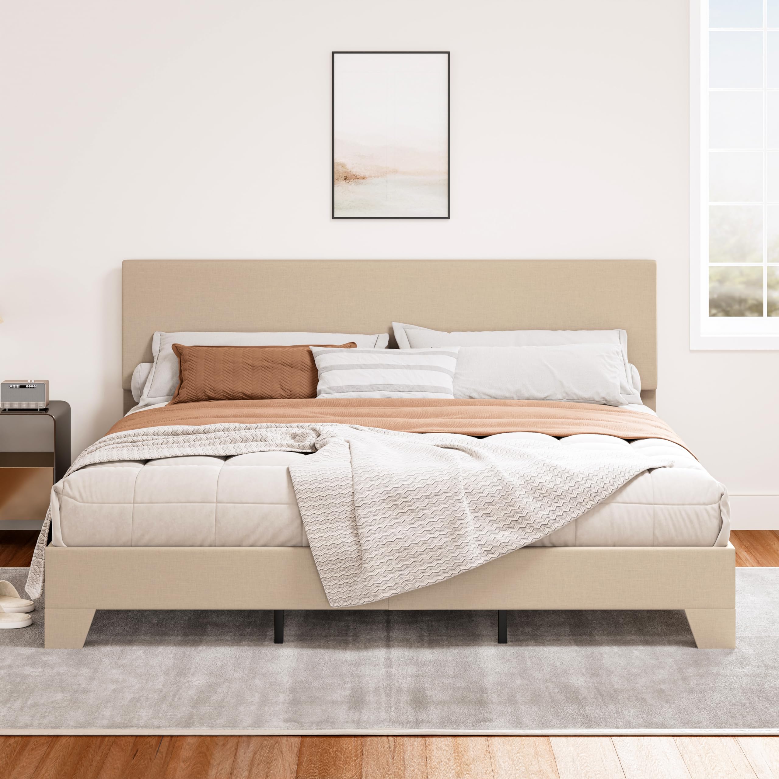 SHA CERLIN Upholstered King Size Bed Frame with Adjustable Headboard, Stable Mattress Foundation, Strong Back-Support, No Box Spring Needed, Beige