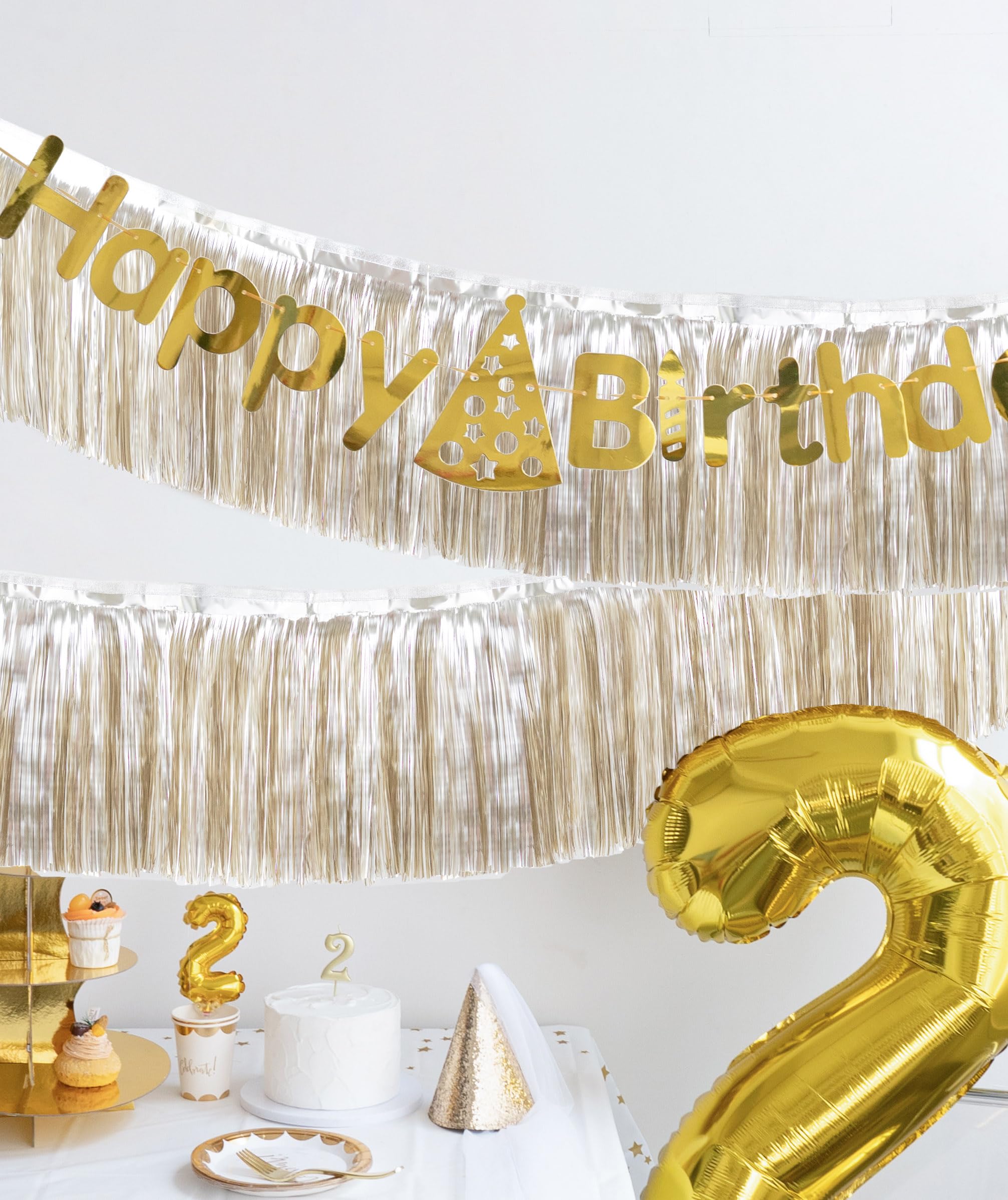 Premium Matte Champagne Gold Fringe Tassel Banner for Party Decoration -4 Layers Thick, 2 Pack | LILF Superior Tinsel Garland Party Streamer for Birthday Wedding Graduation Christmas Decoration