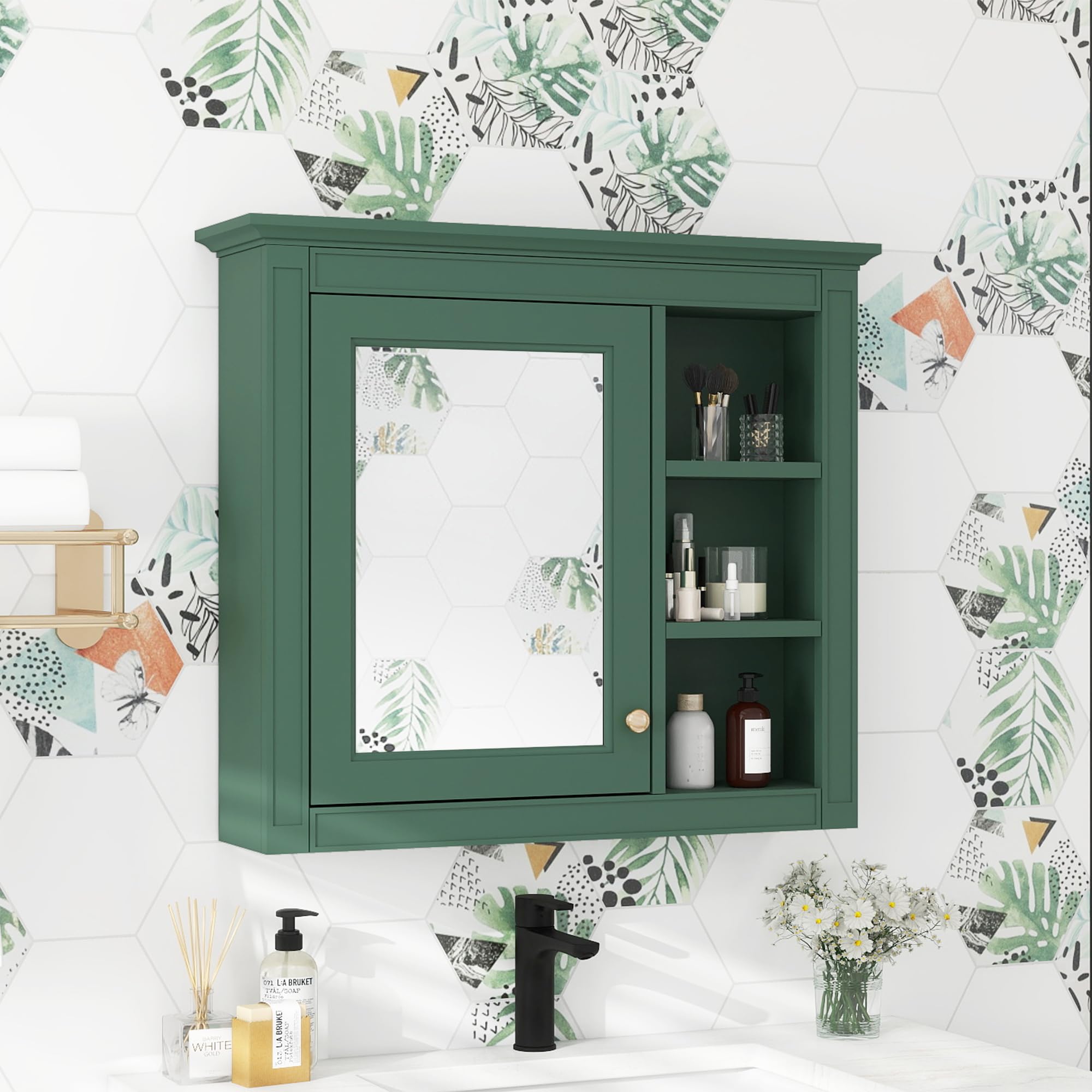 Royard Oaktree Bathroom Wall Mirror Cabinet, Modern Medicine Cabinet with Single Door and Adjustable Shelf, Over The Toilet Space Saver Storage Cabinet with 3 Open Shelves, Green