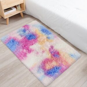 jiaobaba small fluffy colorful rug for bedroom girls 2x3 mini kawaii rainbow tie dye area rug fuzzy unicorn throw rug for living room kids nursery baby princess room home decor aesthetic carpets