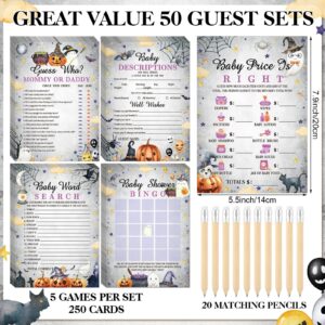 Patelai 321 Pcs Baby Shower Games Supplies, 5 Sets (50 Cards Each) Activities Cards with 20 Pencils 1 Don't Say Baby Sign 50 Clothespin(Halloween)