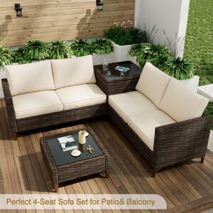 Outdoor PE Wicker Furniture Set 4 Piece Patio Black Rattan Sectional Loveseat Couch Set Conversation Sofa with Storage Box Glass Top Table and Non-Slip Beige Cushion