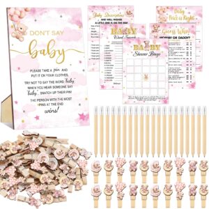 patelai 321 pcs baby shower games supplies, 5 sets (50 cards each) activities cards with 20 pencils 1 don't say baby sign 50 clothespin(pink bear)