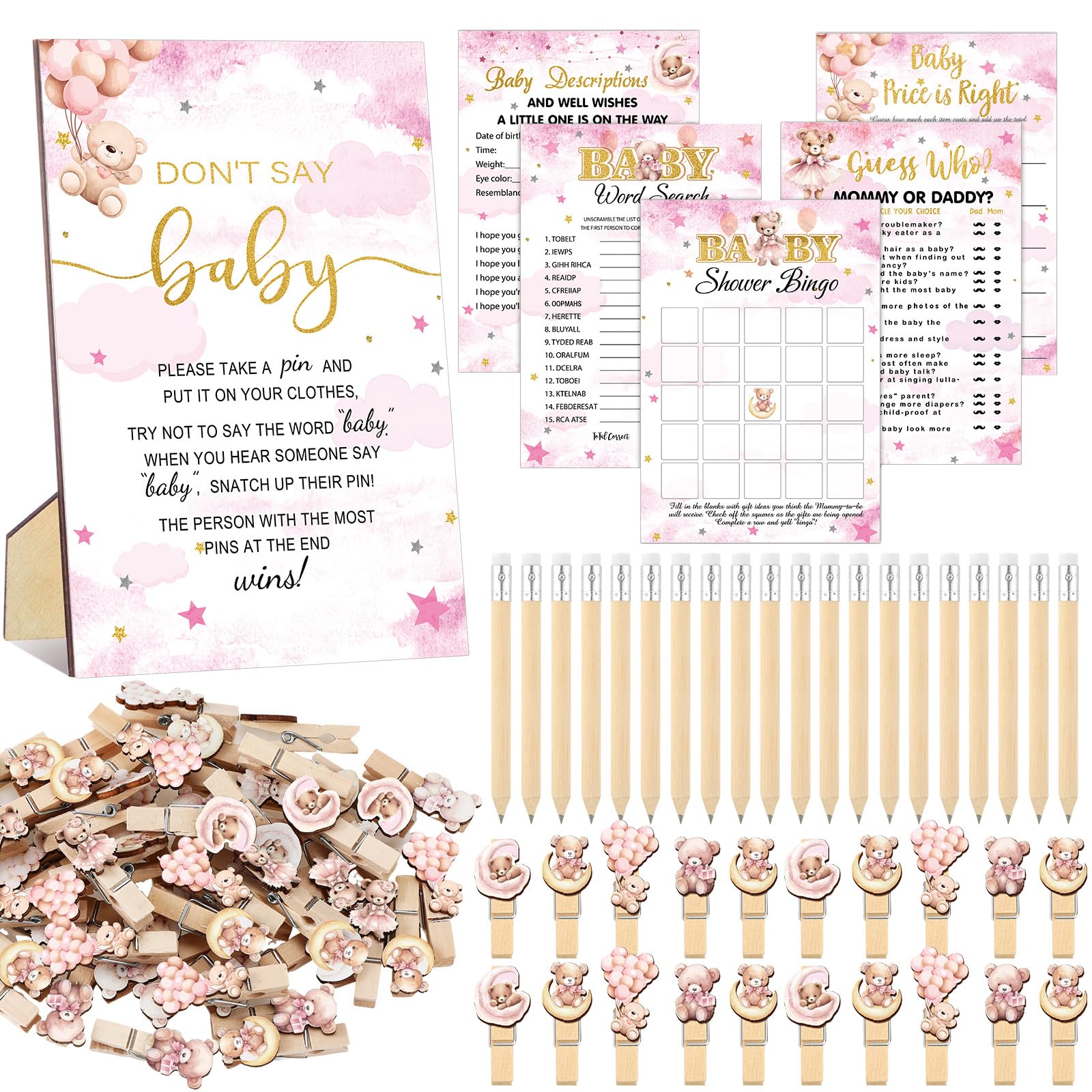 Patelai 321 Pcs Baby Shower Games Supplies, 5 Sets (50 Cards Each) Activities Cards with 20 Pencils 1 Don't Say Baby Sign 50 Clothespin(Pink Bear)