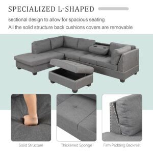 Prohon Oversized Reversible Sectional Sofa with Storage Ottoman, Cup Holder, 3 Pieces Rivet Living Room Furniture Set w/Ornament Ornament Convertible Chaise Modern Modular Sectional Couch, Gray