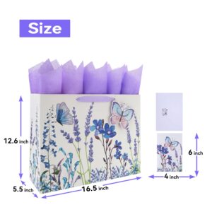 16.5" Extra Large Purple Gift Bag Set with Greeting Card and Tissue Papers (Lavender and 3D Butterfly) for Women's Birthday Party, Girls' or Kids' Party, Mothers' Day, Wedding, Anniversary, Baby Shower - 16.5”x5.5”x12.6”, 1 Pcs.