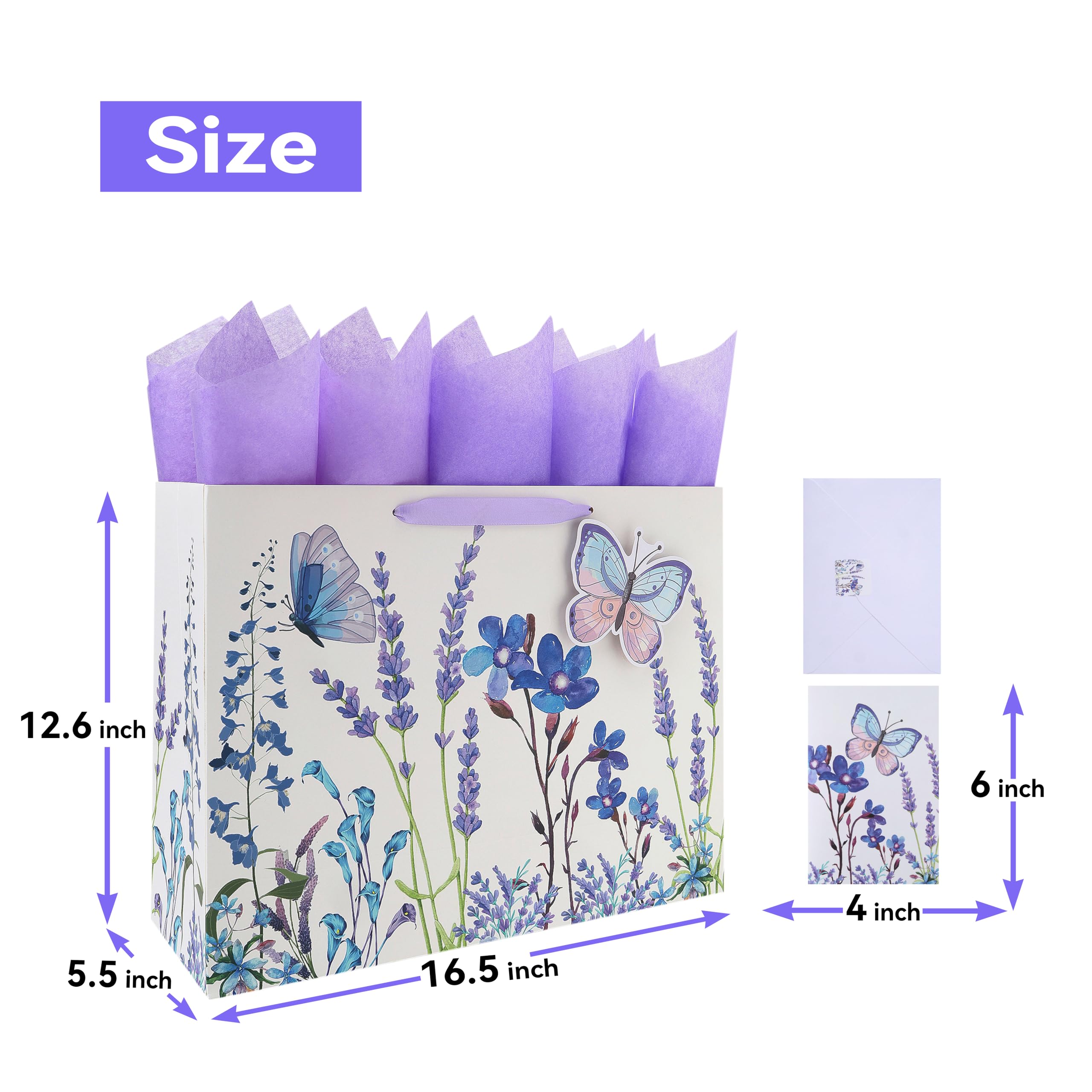 16.5" Extra Large Purple Gift Bag Set with Greeting Card and Tissue Papers (Lavender and 3D Butterfly) for Women's Birthday Party, Girls' or Kids' Party, Mothers' Day, Wedding, Anniversary, Baby Shower - 16.5”x5.5”x12.6”, 1 Pcs.