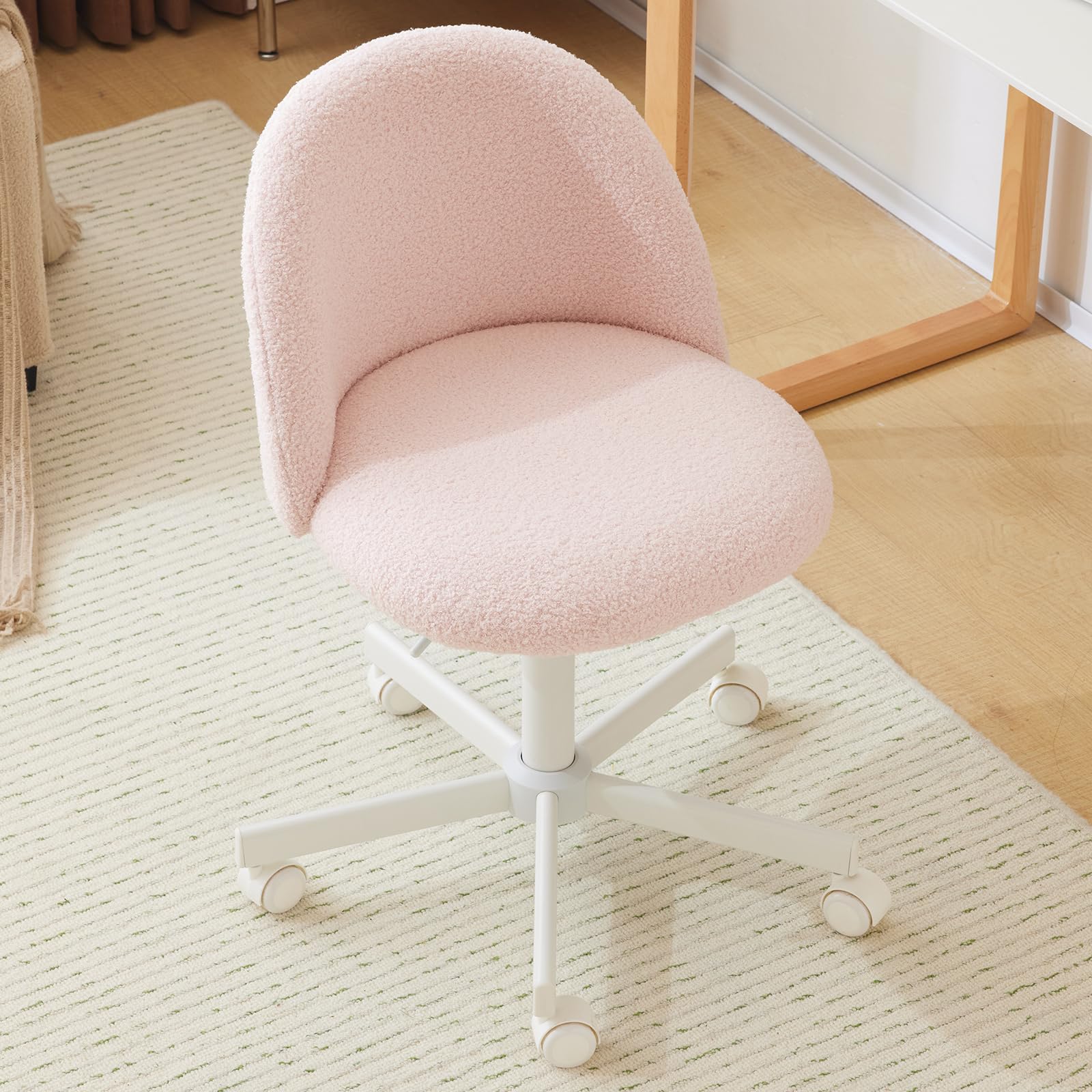 VINGLI Candy Chair Armless Cute Desk Chair,Comfy Small Office Chair with Wheels,Vanity Chair with Lumbar Support,Teddy Adjustable Rolling Swivel Computer Task Chair for Home Office,Bedroom,Gentle Pink