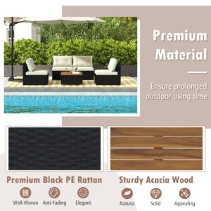 Tangkula 5 Piece Rattan Sofa Set, Patiojoy Outdoor Wicker Furniture Set with Seat & Back Cushions, Square Coffee Table, Patio Sectional Sofa Set for Backyard, Poolside, Garden